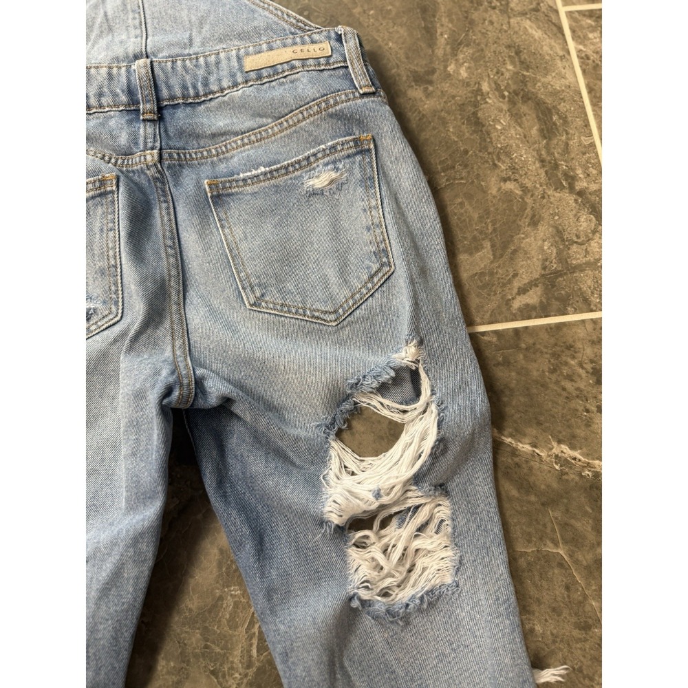 Cello Womens XS Ripped Denim Bib Overalls Light Wash Frayed Hem Distressed Jeans - Picture 12 of 15